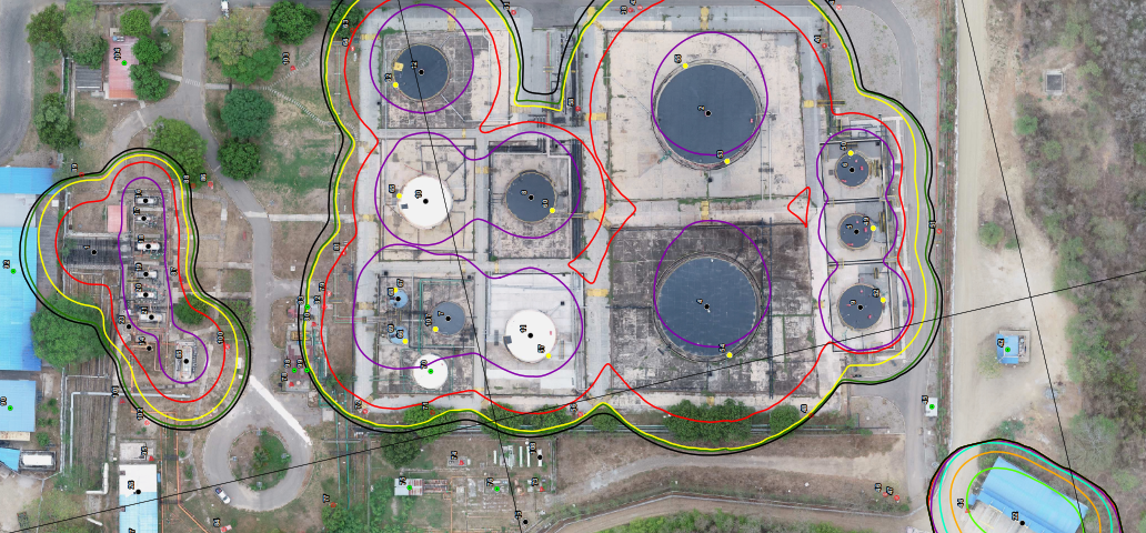 Isocontornos de consecuencias en estudio PHAST y riesgo QRA/ACR en SAFETI: radiación, sobrepresión y toxicidad